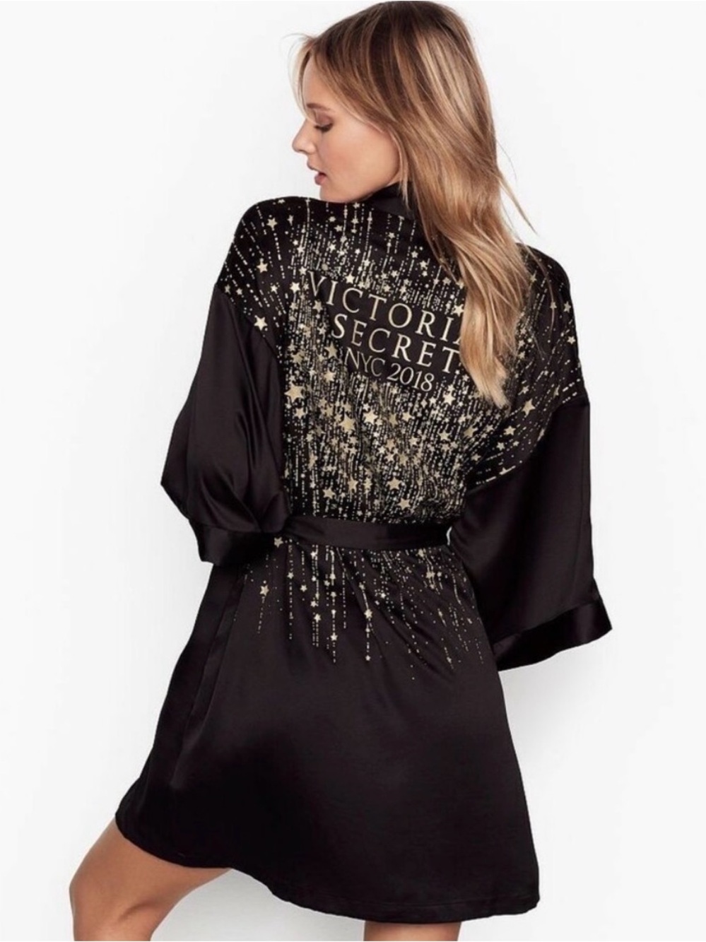 Victoria's Secret Black and Gold Star-Print Satin Kimono Robe